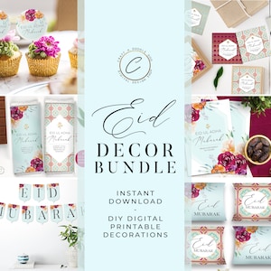 Conjunto de decoração Eid, kit de decoração digital Eid para impressão, download instantâneo, lembrancinhas de festa Eid Ul Adha, embalagem de chocolate, cartão comemorativo, banner DIY