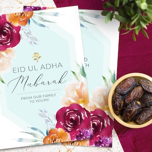 Printable Eid ul Adha Card Digital Download, Elegant Watercolor Happy Eid Mubarak Greetings PDF, Eid Gift Party Favor, DIY Cut & Fold Decor