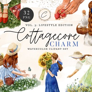 Set di clipart Cottagecore dell'acquerello, PNG moda ragazza vintage, clip art rustico rustico accogliente Country Chic Garden Wildflower Summer Planner