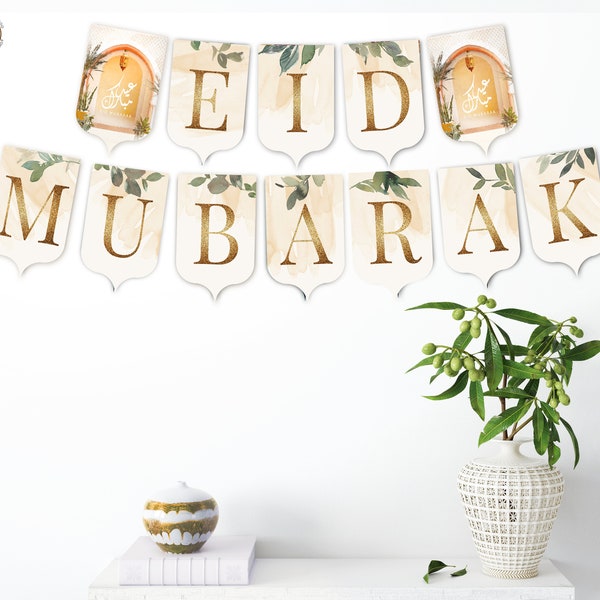 Modern Eid Mubarak Banner, Instant printable digital download PDF, Happy Eid Bunting DIY Decoration, Gold Islamic Decor, Neutral Party Theme