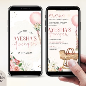 Editable Aqeeqah Invitation for Baby Girl Digital Download, Custom Pink Floral Aqiqah Ceremony Invite Message Muslim Birth Announcement Card