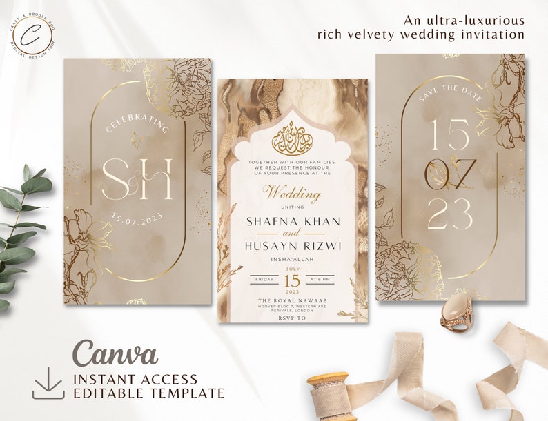 Modèle d'Invitation de mariage musulman numérique, électronique neutre crème or Floral Nikah inviter, islamique Walima carte modifiable réception Evite image 2