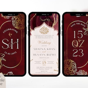 Sjabloon digitale moslim bruiloft uitnodiging, elektronische bordeaux kastanjebruin rood goud bloemen Nikah uitnodigen, islamitische Walima bewerkbare receptie Evite