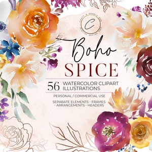 Boho aquarelle Floral Clipart usage Commercial, arrangement de fleurs rustique Bouquet cadre couronne hiver mariage clip art ensemble Bourgogne marine or