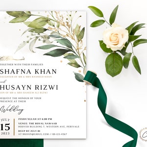 Botanical Muslim Wedding Invitation Digital, Modern Editable Nikkah Invite, Personalized Islamic Walima Reception Evite Engagement Card