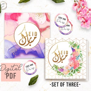 Cartão editável de Eid | Envelope | Adesivos | Aquarela Especializada | Download digital para impressão floral abstrato Eid ul Adha Mubarak