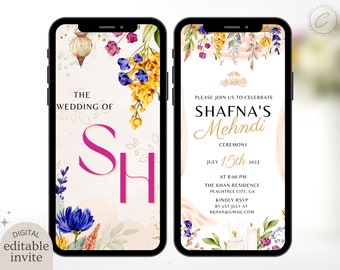 Modèle d'invitation de mariage numérique Mehndi, invitation au henné floral coloré électronique, carte Haldi imprimable Mehendi Evite Smartphone modifiable
