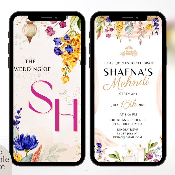 Digital Mehndi Wedding Invitation Template, Electronic Colorful Floral Henna Invite, Editable Mehendi Evite Smartphone Printable Haldi Card