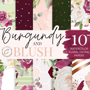 Burgundy Blush Designs Watercolor Floral Digital Paper Pack Commercial Use, Botanical Print Set, Marsala Rose Gold Bouquet, Planner clipart