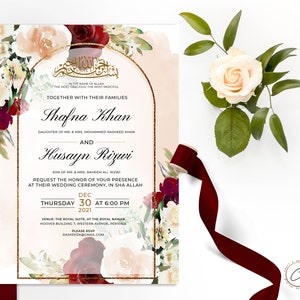 Burgundy Muslim Wedding Invitation, Digital Download Custom Nikkah Card, Personalized Valima invite, Floral Islamic Evite, Indian Arab