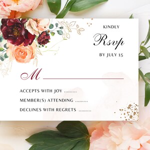 RSVP Card Insert DIGITAL DOWNLOAD Muslim Wedding Invitation, Gold Burgundy Blush Floral, Editable Template Wedding Enclosure