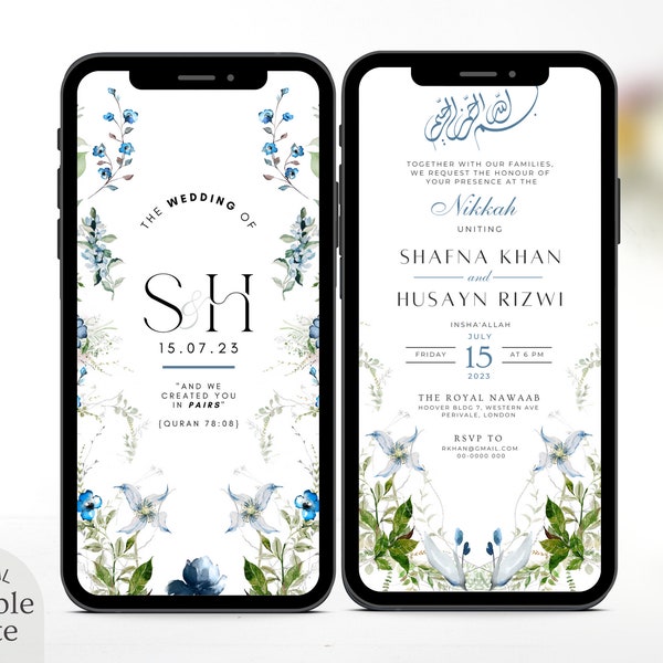 Digital Muslim Wedding Invitation Template, Electronic Blue Floral Nikkah Invitation, Editable Elegant Reception Evite Printable Walima Card