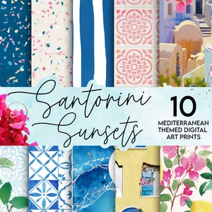 Santorini Sunsets Digital Paper Pack | Mediterranean Moroccan Art Prints | Scrapbook Planner Printables | Wall Decor| Tropical Spanish tiles