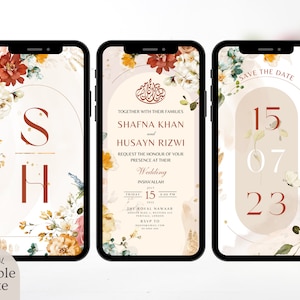 Modelo de convite de casamento muçulmano digital, convite floral elegante dourado eletrônico Nikah, Evite de recepção editável, cartão Shaadi Walima de luxo