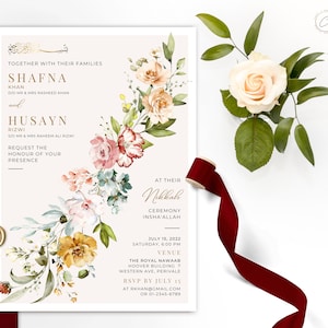 Unique Floral Muslim Wedding Invitation Digital, Modern Editable Nikkah Invite, Personalized Islamic Walima Reception Evite Engagement Card