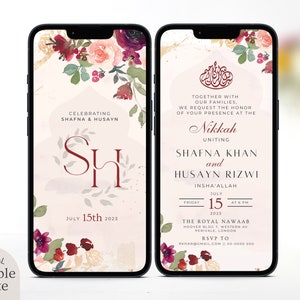 Modèle numérique de faire-part de mariage musulman, faire-part Nikkah floral électronique bordeaux, Evite de réception modifiable, carte Walima imprimable,