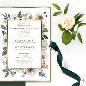 Neutral White Gold Custom Nikkah Invite Digital Download, Personalized Valima Invitation, Floral Islamic Evite, Modern Muslim Wedding Card