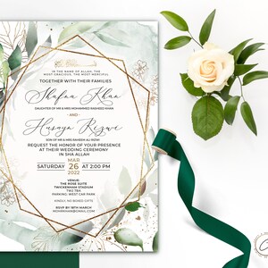 Emerald Custom Nikkah Wedding Invitation Digital, Personalized Valima invite, Floral Shaadi Islamic Evite, Muslim Wedding Card Green Gold