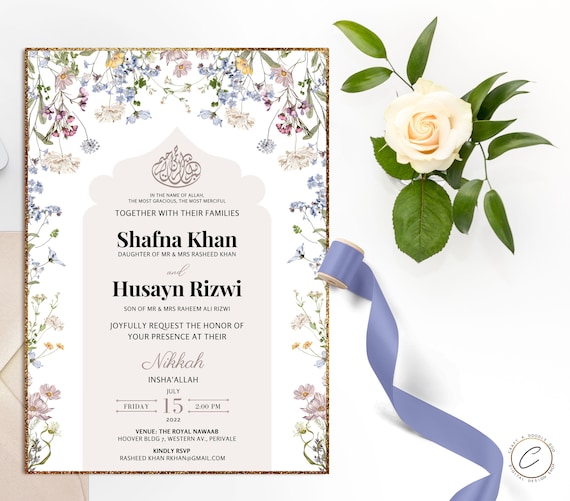 Editable Nikkah Wedding Invitation Floral Frame Islamic 