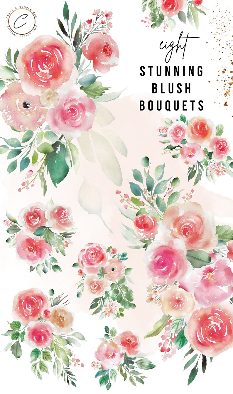 Peach Floral Arrangement PNG Graphics Dusty Pink Rose Bouquet wreath header border frame Blush Watercolor Flower Clipart Set Commercial use