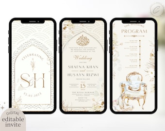 Digital Muslim Wedding Invitation Template, Electronic Neutral Ivory Gold Floral Nikah Invite, Islamic Walima Card Editable Reception Evite