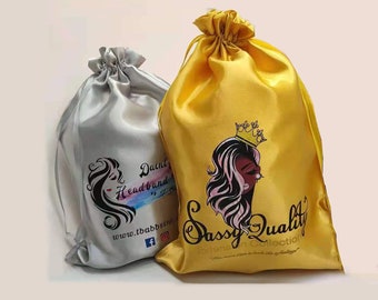 50 Custom Hair bags with logo,White Wigs Bag,Wholesale Hair packaging Bags,Drawstring Satin Wigs Packaing Bag,Wedding Favor Satin Gift Bags