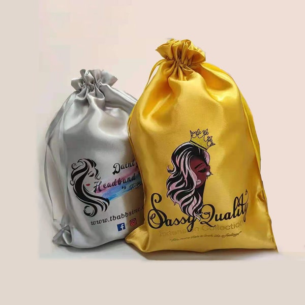 50 benutzerdefinierte Haarbeutel mit Logo, weiße Perückenbeutel, Großhandelshaarverpackungsbeutel, Kordelzug-Satin-Perückenverpackungsbeutel, Hochzeitsbevorzugungs-Satingeschenkbeutel