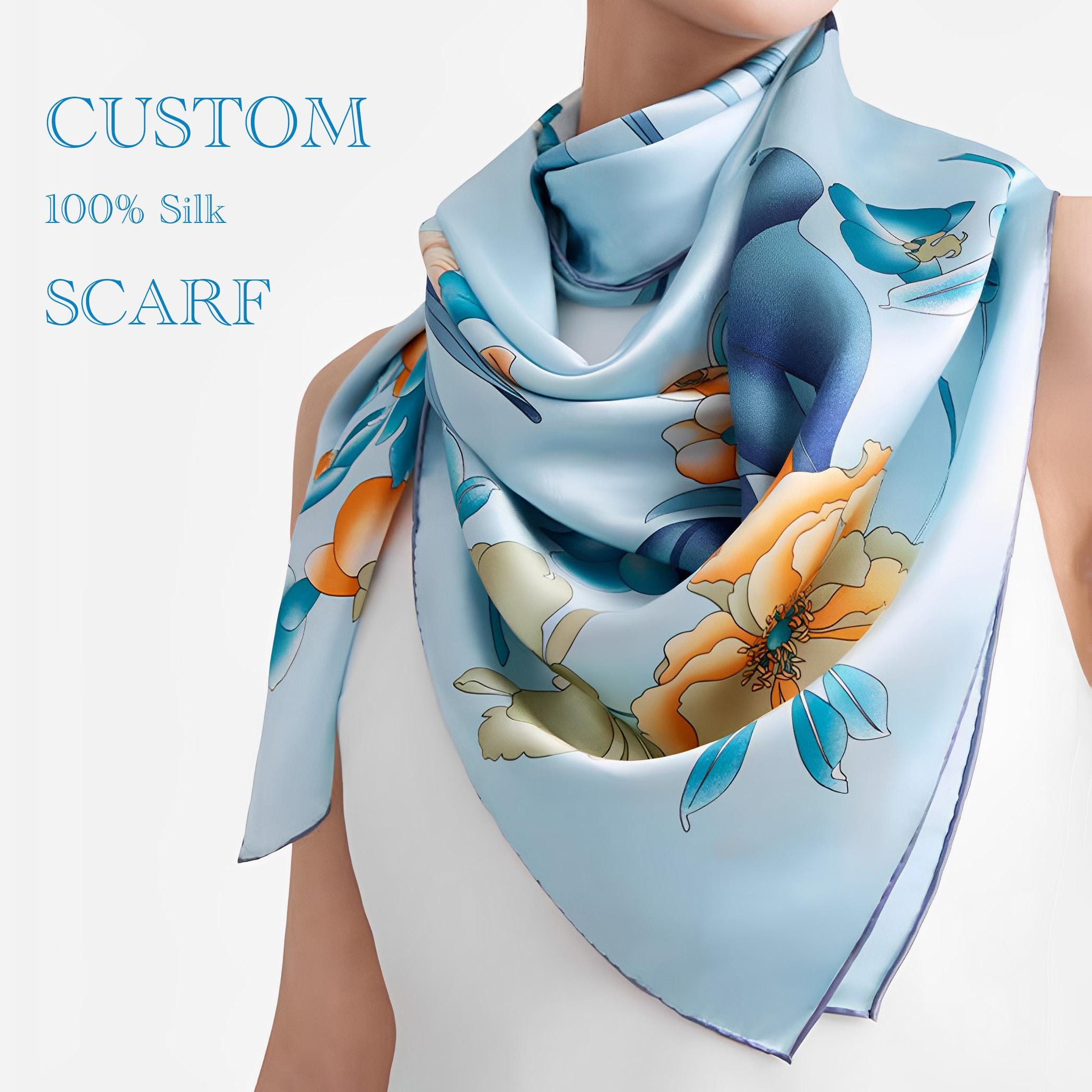 Custom Both Sides Printed Silk Scarf, Personalized Pure  Women\'s Silk Scarf Multicolor Printed 100% Silk Hand Rolled 42\