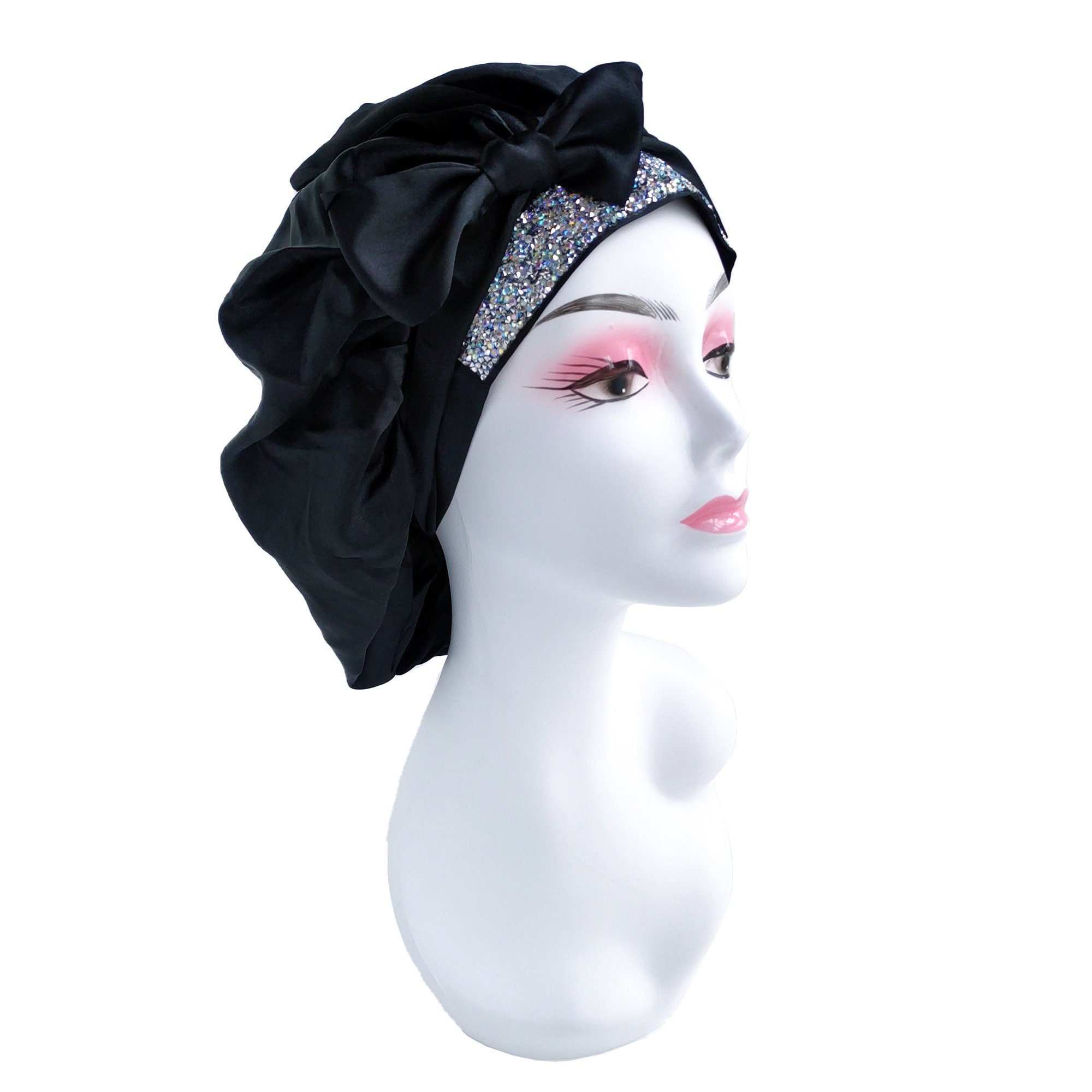 10 Custom Stain Bonnet With Rhinestone Diamond Tie Band Silk Satin Hair ...