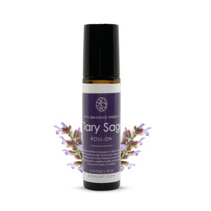 May include: A brown glass roll-on bottle with a black cap and a white label. The label has a purple background and the text "OPAL MASSAGE THERAPY" and "Clary Sage ROLL-ON". The bottle is surrounded by purple flowers.