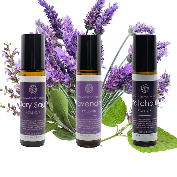 Premium Clary Sage Roll On, Lavender Roll On, Patchouli Roll On Essential Oil Bundle Opal Massage Therapy