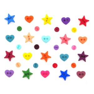 May include: Assortment of colorful plastic buttons in the shapes of hearts and stars. The buttons are various shades of red, orange, yellow, green, blue, purple, and pink.