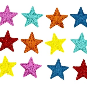 May include: Twelve sparkly stars in various colors, including pink, blue, yellow, orange, and red. The stars are arranged in three rows of four.