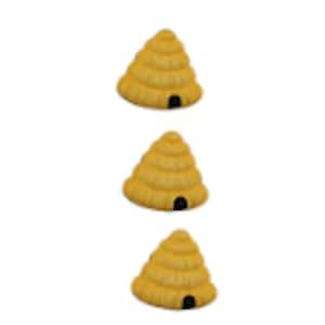 May include: Three small, yellow ceramic beehive figurines. Each beehive has a small black entrance.