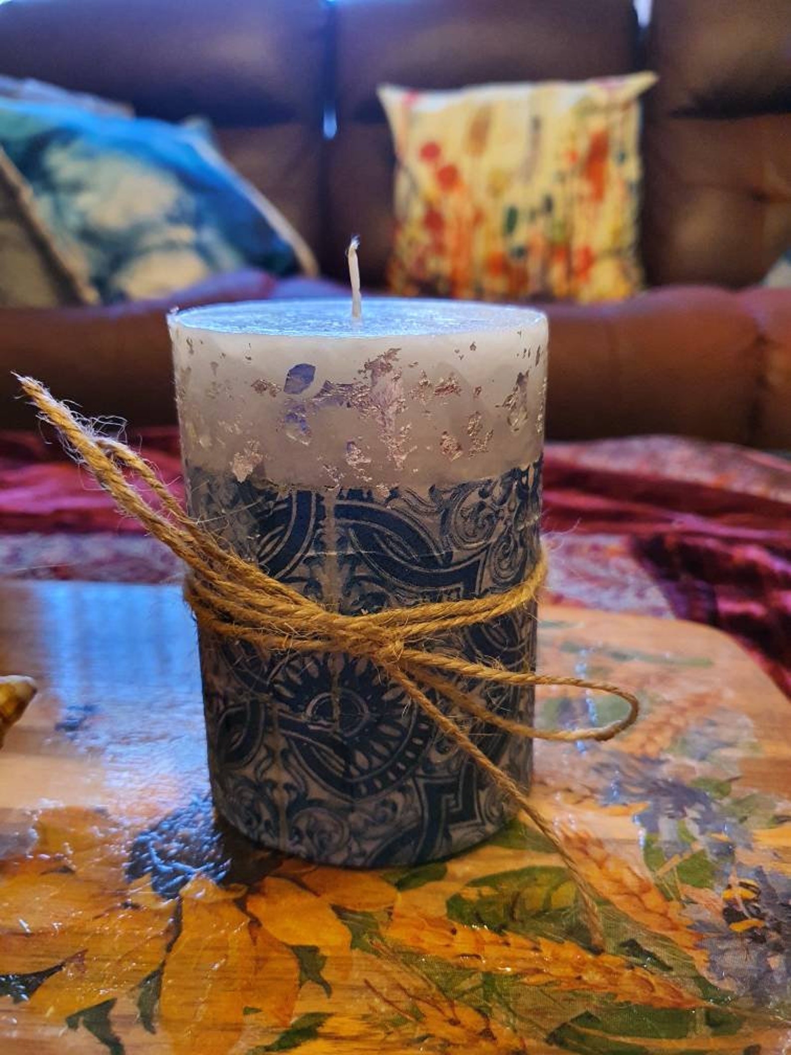 Handmade Decoupage pillar candles. Tile silver Etsy
