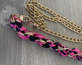 Gouden kettingtelefoonband: roze stoffen crossbody-sleutelhanger