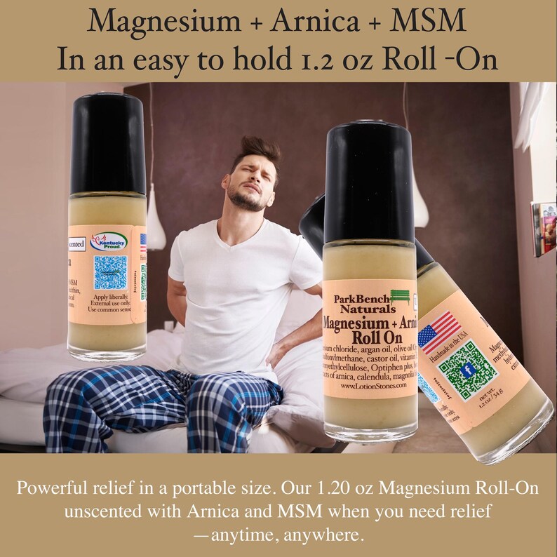 Pu&ograve; includere: Un flacone da 1,2 once di crema per il sollievo dal dolore a base di magnesio, arnica e MSM in formato roll-on. Il flacone &egrave; etichettato "Park Bench Naturals Magnesium + Arnica Roll On". Il flacone &egrave; su una superficie bianca.