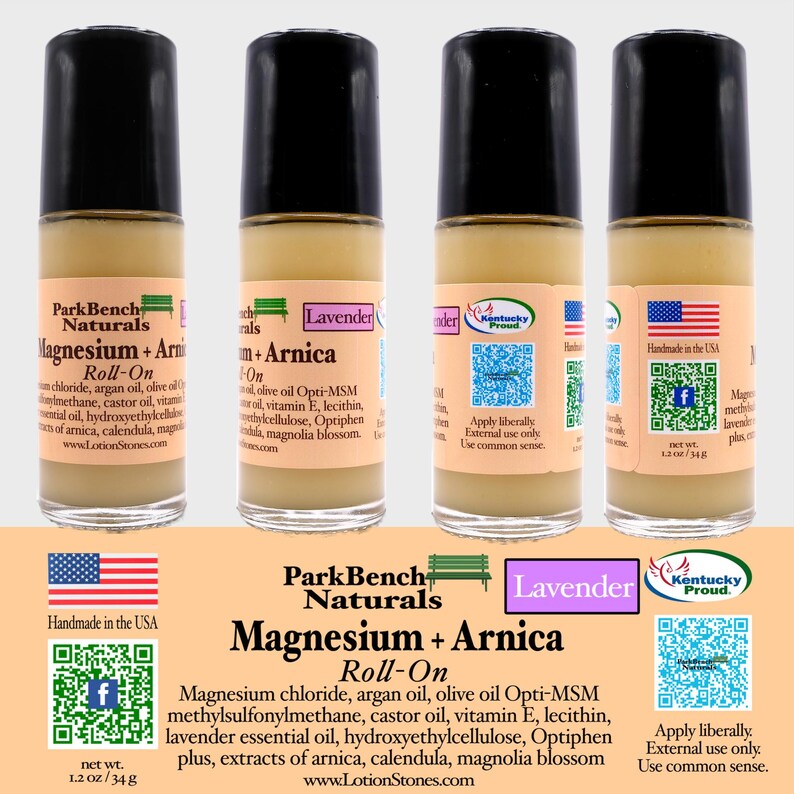 Pu&ograve; includere: Tre flaconi roll-on di olio essenziale di magnesio e arnica con lavanda. I flaconi sono etichettati "Park Bench Naturals Magnesium + Arnica Roll-On" e presentano un logo Kentucky Proud. I flaconi sono da 1,2 oz/34 g.