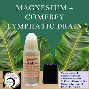 Pu&ograve; includere: Un flacone di vetro trasparente con rullo, con un'etichetta bianca che recita "Park Bench Naturals Lymphatic Drain Magnesium + Comfrey". Il flacone &egrave; appoggiato su una superficie di legno con foglie verdi sullo sfondo. Il flacone &egrave; accanto a un tappo nero. Un adesivo premio dorato con il testo "Best in Health & Beauty Awards Best New Lymphatic Product 2024" si trova nell'angolo inferiore sinistro dell'immagine. Una casella di testo bianca con un contorno nero elenca gli ingredienti: "Magnesium Oil, Comfrey Extract, Calendula Extract, MSM + 12 Essential Oils, Castor + Apricot Oil, EASY TO USE!!"