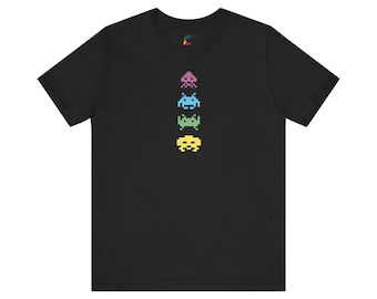 Pixel Space Invaders T-Shirt | Retro Arcade Alien Stack, Rainbow Arcade Tee
