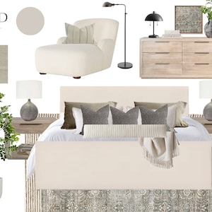 Puede incluir: Un concepto de diseño de interiores de dormitorio con una cama color crema con almohadas decorativas, una cómoda de madera, un sillón blanco y una lámpara de pie. El diseño incluye una paleta de colores neutros con acentos verdes de plantas y una alfombra estampada.
