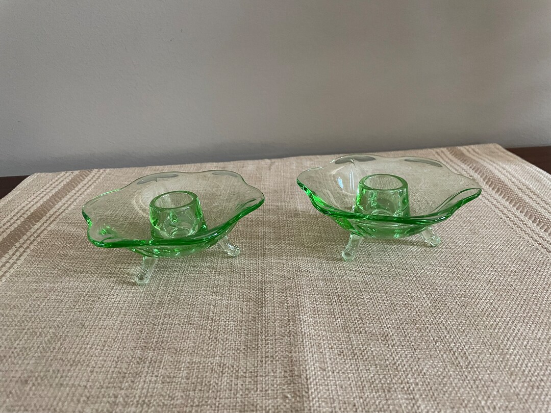 Green Depression Glass Candle Holders Floral Shaped Footed Etsy