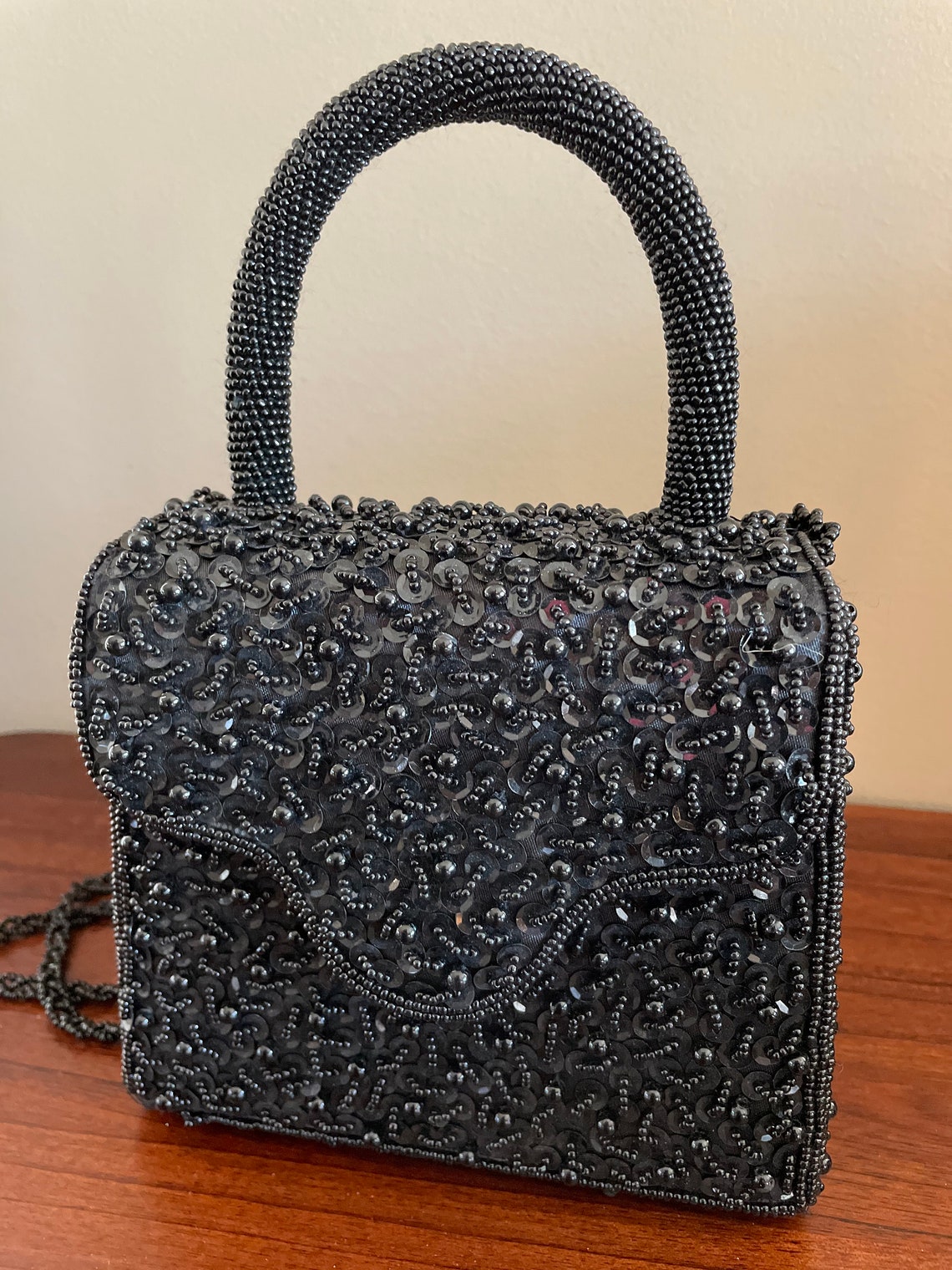 Black beaded handbag with shoulder strap beaded bag Etsy