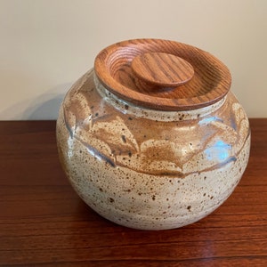 Vintage Pottery Jar with Wooden Lid , New Old Stuff