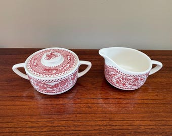 Vintage Memory Lane Sugar and Creamer | Pink Transferware | Red Transferware