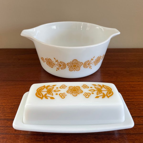 Pyrex 474 Butterfly Gold Round Casserole Dish and Butter Dish