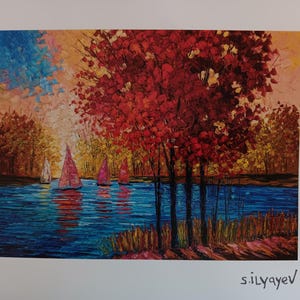 May include: An oil painting on canvas depicting a vibrant autumn landscape with a deep blue river, red-leafed trees in the foreground, and several sailboats on the water. The artist's signature, S. Ilyayev, is visible in the bottom right corner.