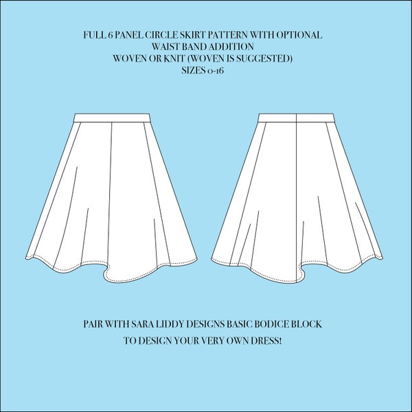 Full Circle Skirt with 6 Panels Sewing Pattern - Graded Sizes 0 - 16 - skirt pattern pdf, circle skirt pattern, skater skirt pdf, size 0-16