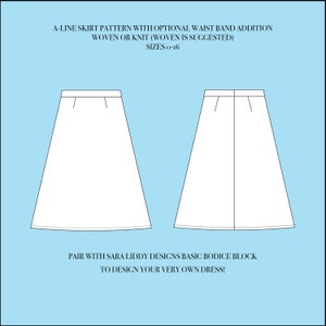 Puede incluir: Patrón de falda de línea A con opción de añadir banda de cintura. Tejido o punto (se recomienda tejido). Tallas 0-16. Combina con el bloque de corpiño básico de Sara Liddy Designs para diseñar tu propio vestido!
