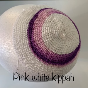 White and pink striped Kippah Yarmulke Kippot Hand Crocheted -1 available